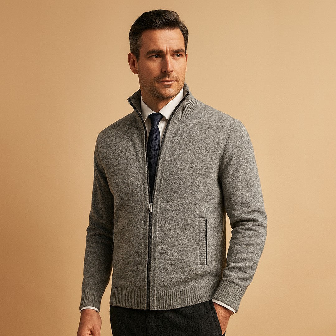 Man wearing the Montague men's casual knit classic cardigan, detail view