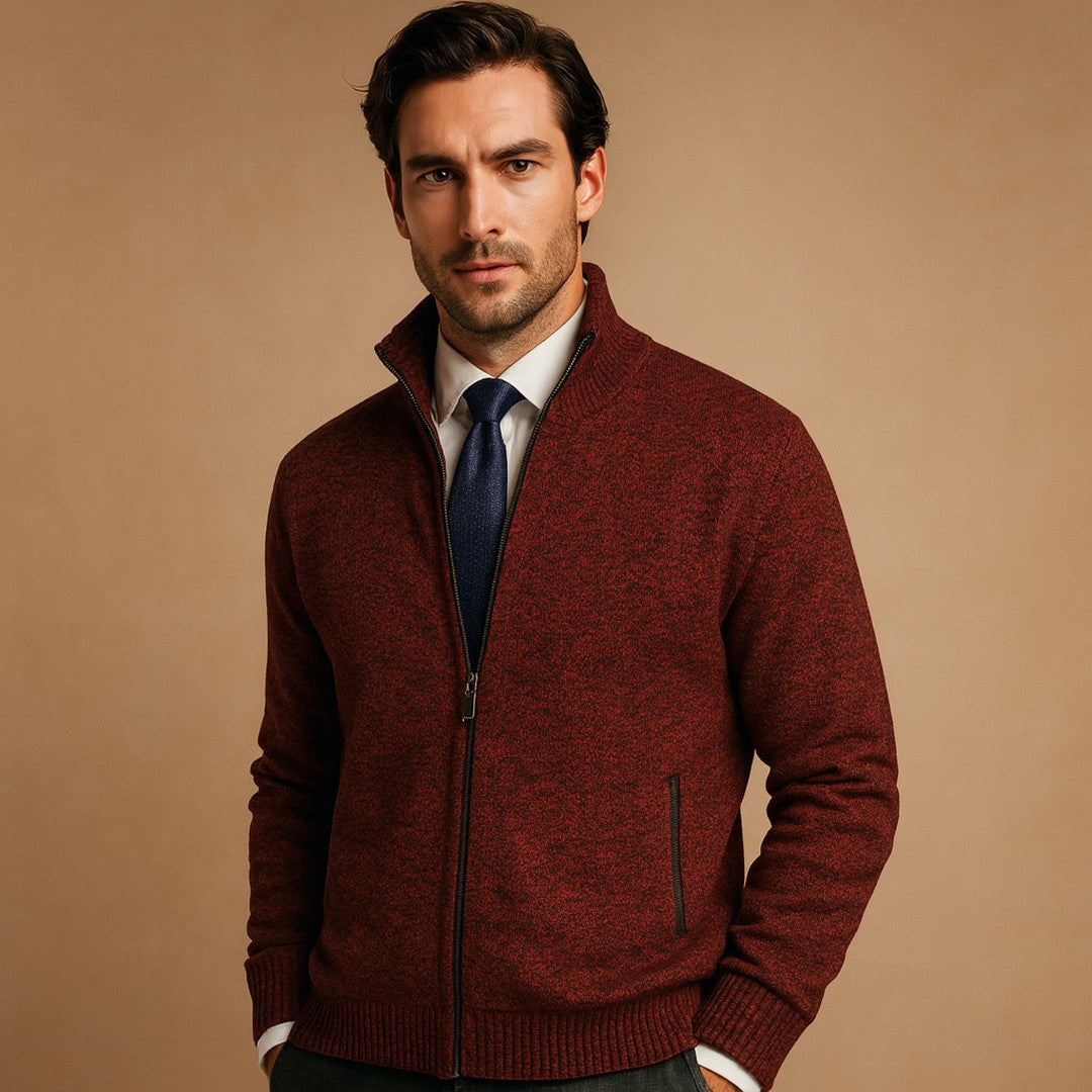 Man wearing the Montague men's casual knit classic cardigan, flatlay view