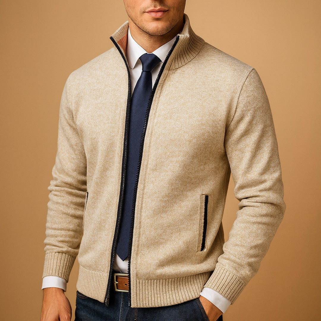 Man wearing the Montague men's casual knit classic cardigan, front view