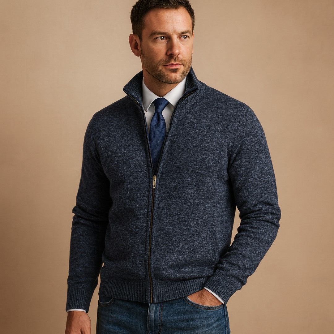 Man wearing the Montague men's casual knit classic cardigan, model view