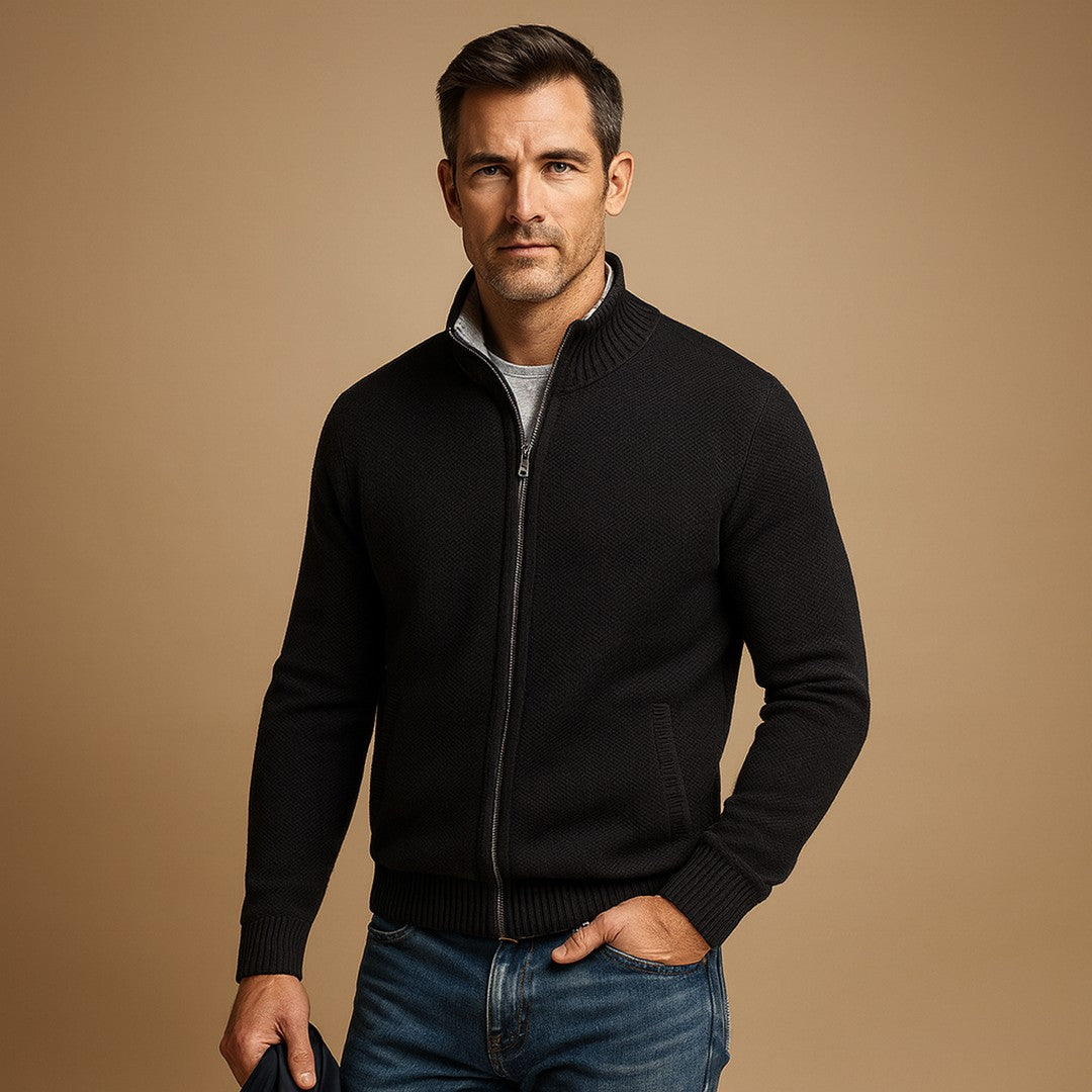 Man wearing the Montague men's casual knit classic cardigan, side view