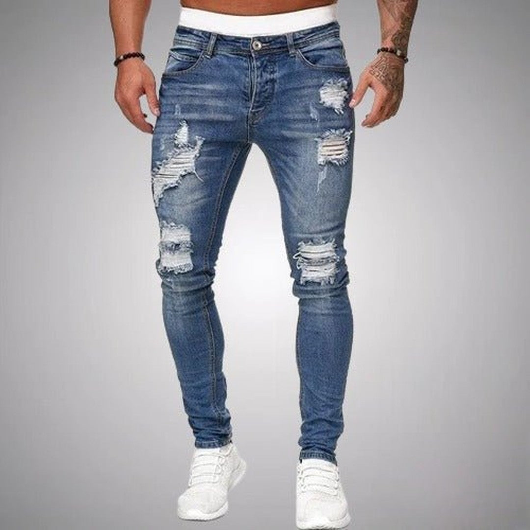 Man wearing the Murphy men's slim-fit stretch jeans, side view