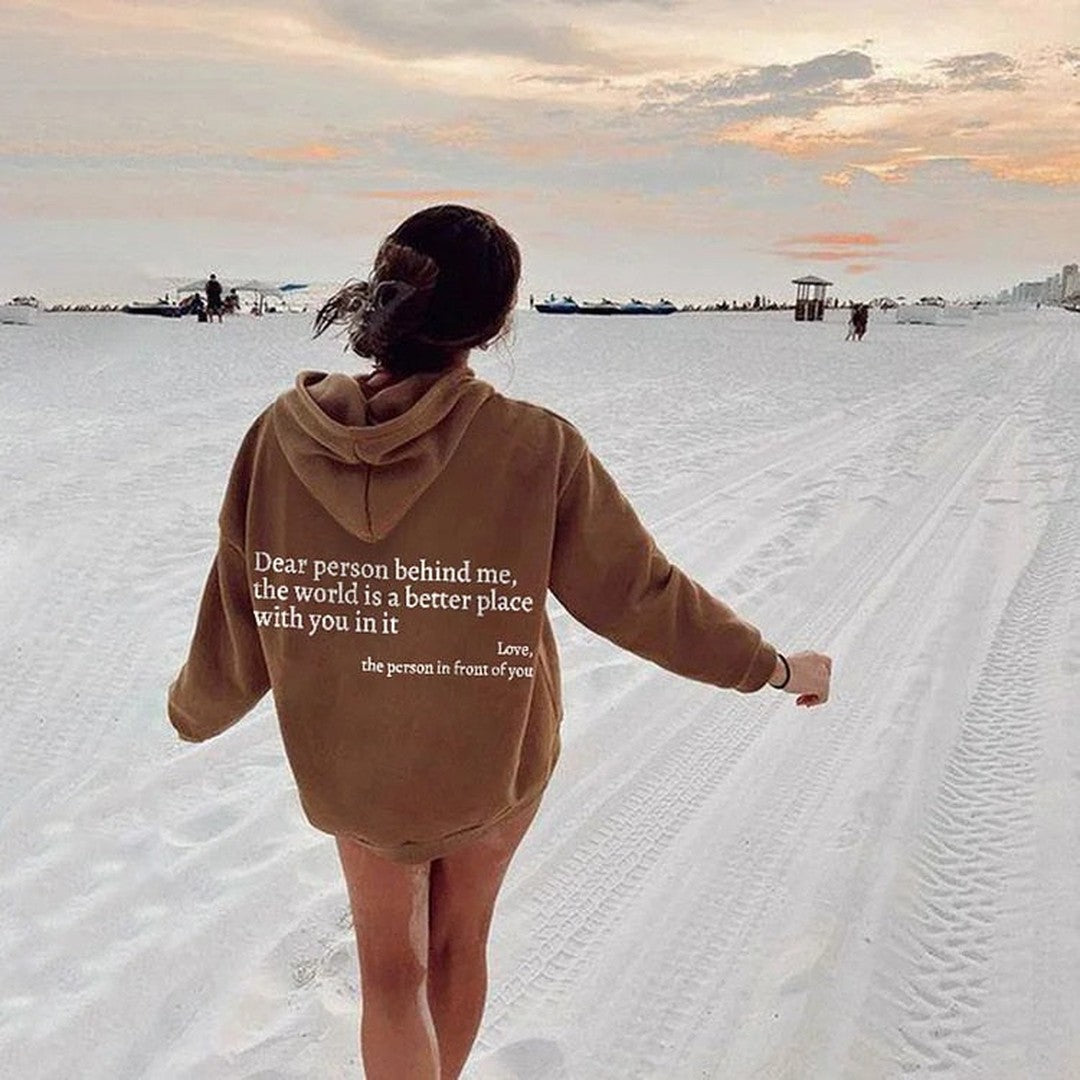 Woman wearing the Naomi women's hoodie, 18 view