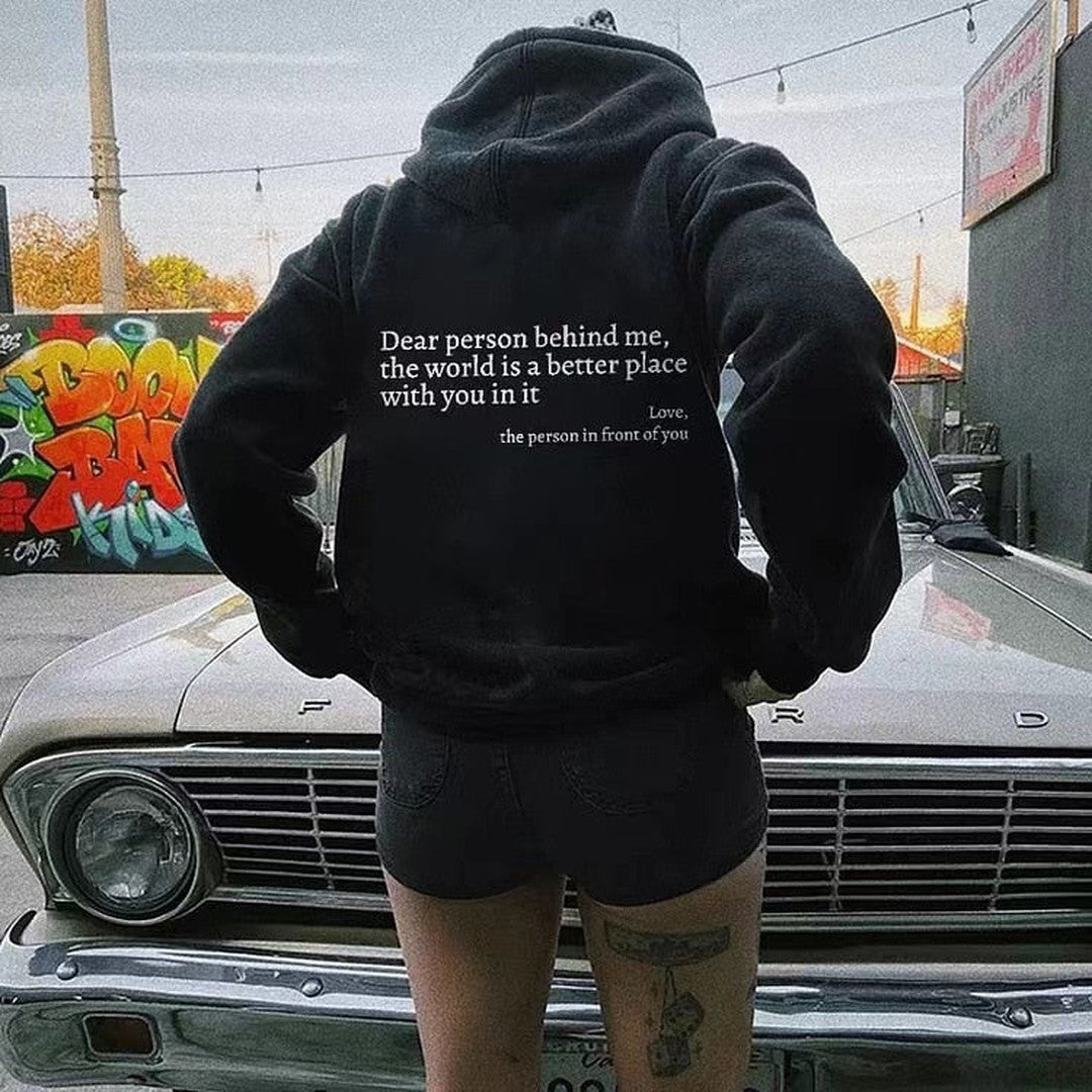 Woman wearing the Naomi women's hoodie, detail view