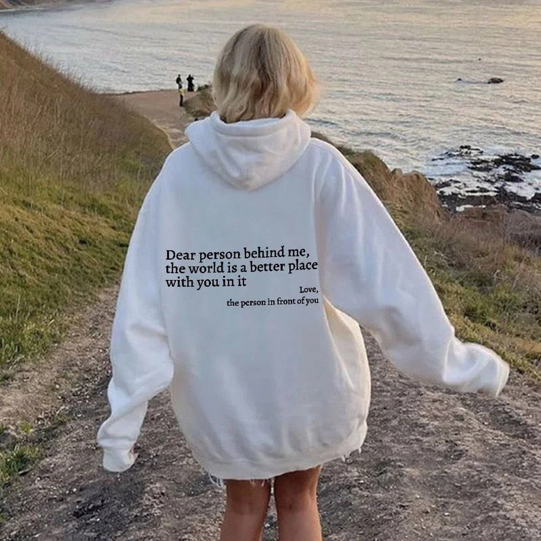 Woman wearing the Naomi women's hoodie, model view