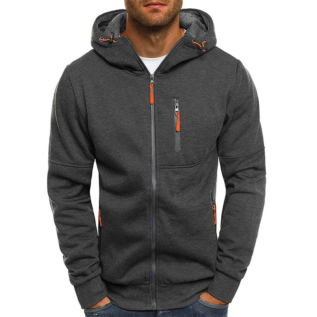 Man wearing the Nash men's hooded fleece cardigan, back view