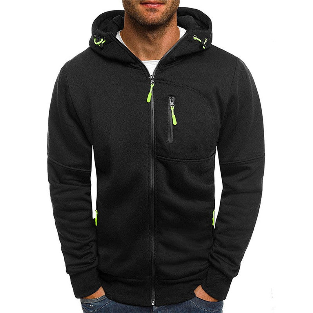 Man wearing the Nash men's hooded fleece cardigan, front view