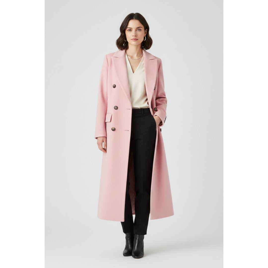 Woman wearing the Nataly women's button-up coat, back view