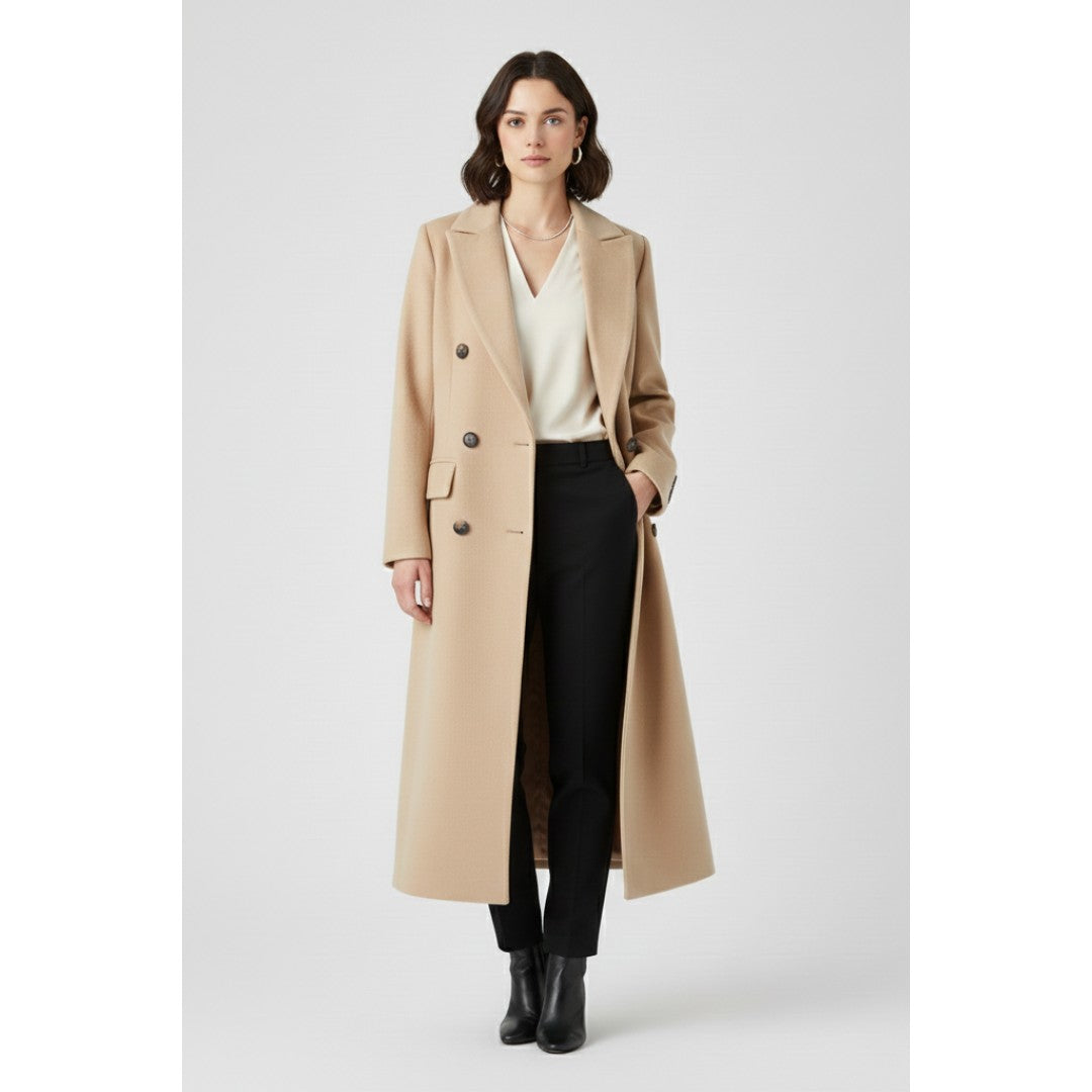 Woman wearing the Nataly women's button-up coat, flatlay view