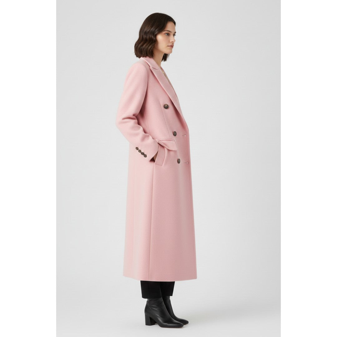 Woman wearing the Nataly women's button-up coat, side view
