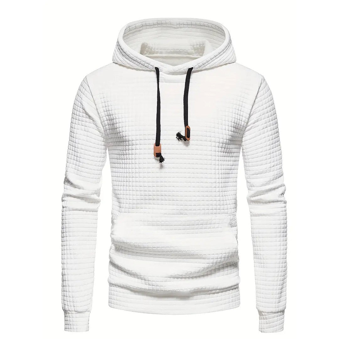 Man wearing the Nikolai men's casual hooded streetwear sweatshirt, detail view