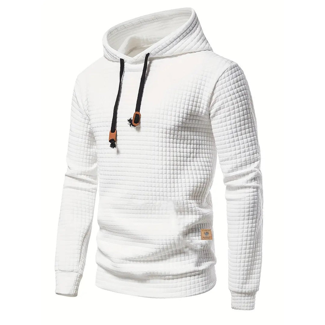 Man wearing the Nikolai men's casual hooded streetwear sweatshirt, front view