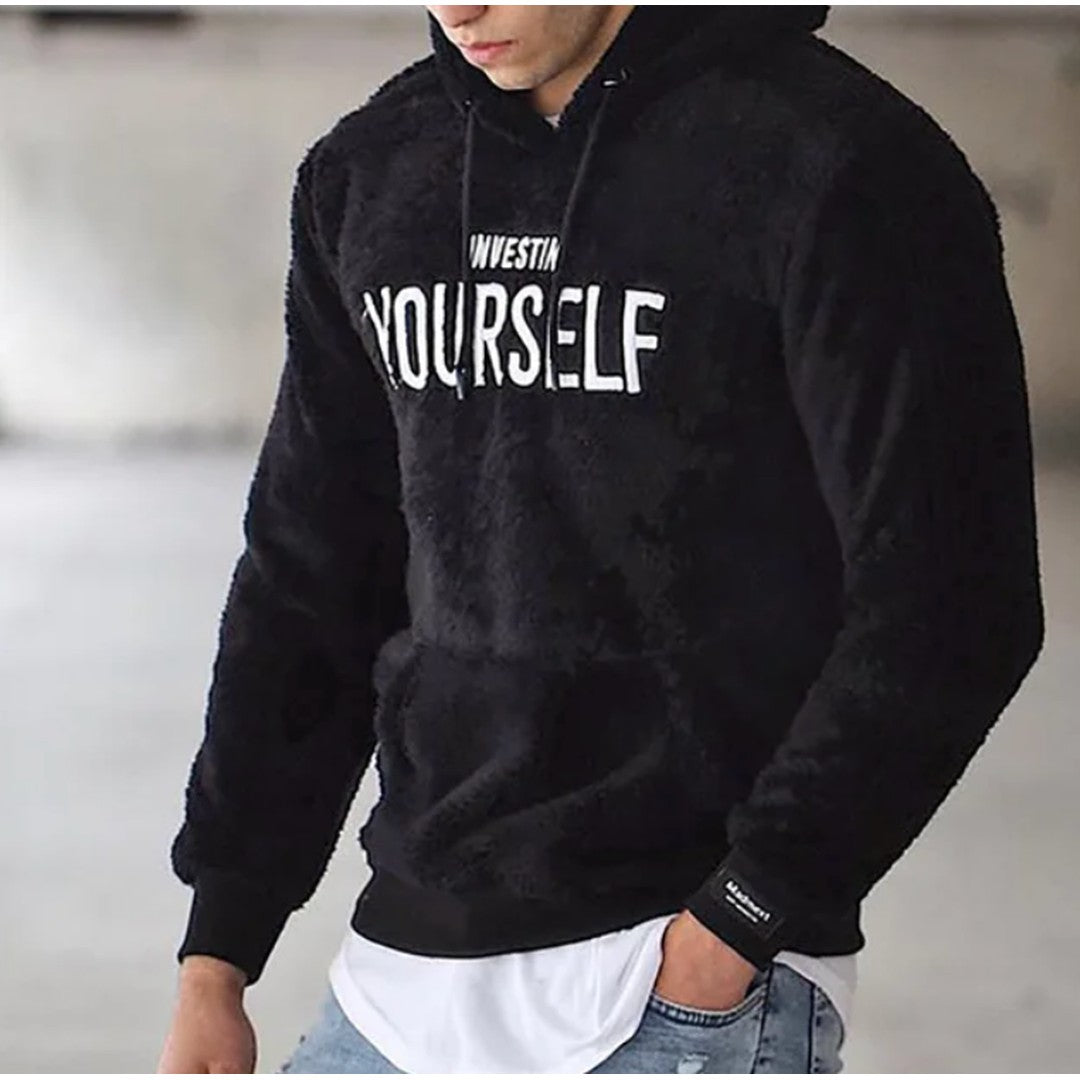 Man wearing the Nikolas men's hooded hoodie, back view