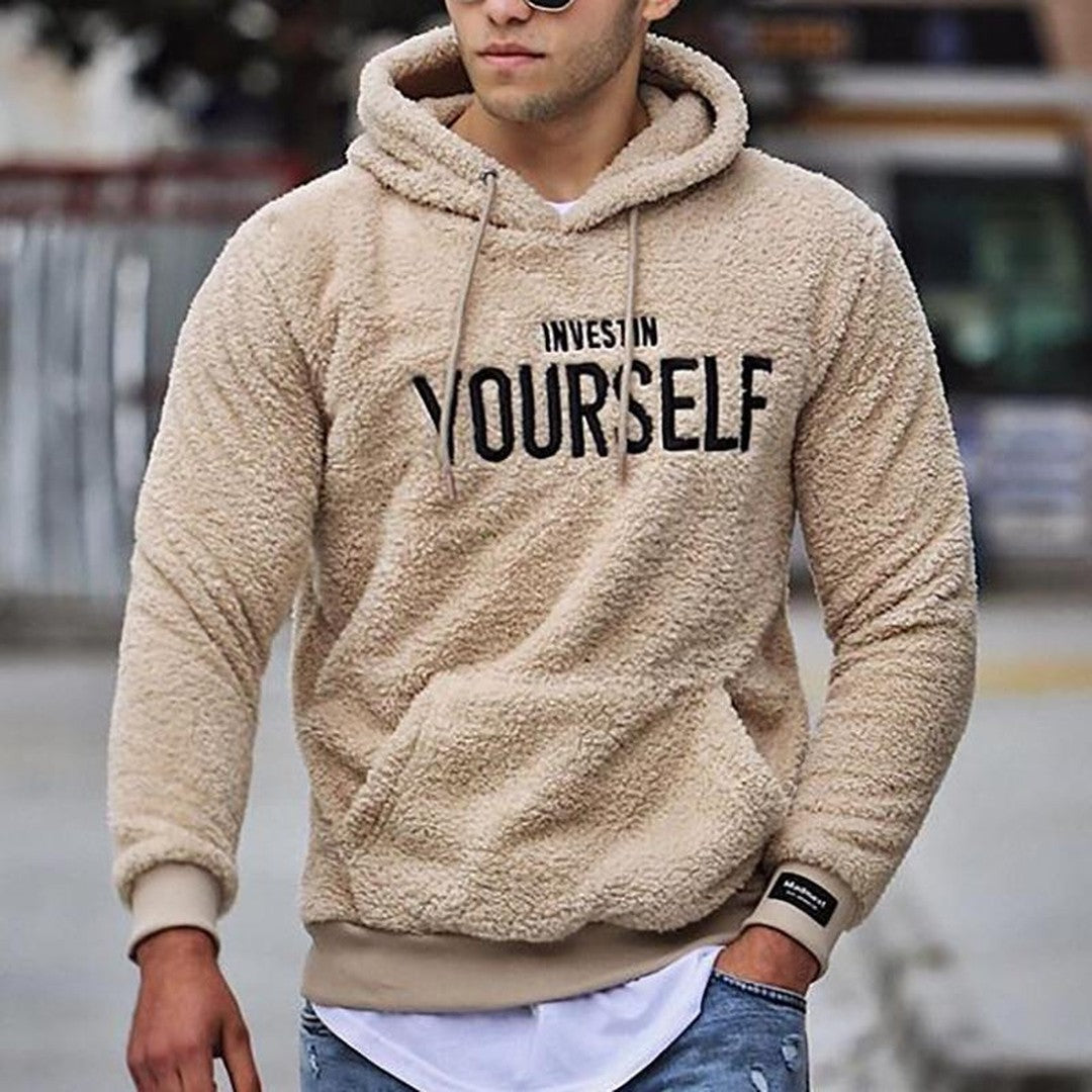 Man wearing the Nikolas men's hooded hoodie, front view