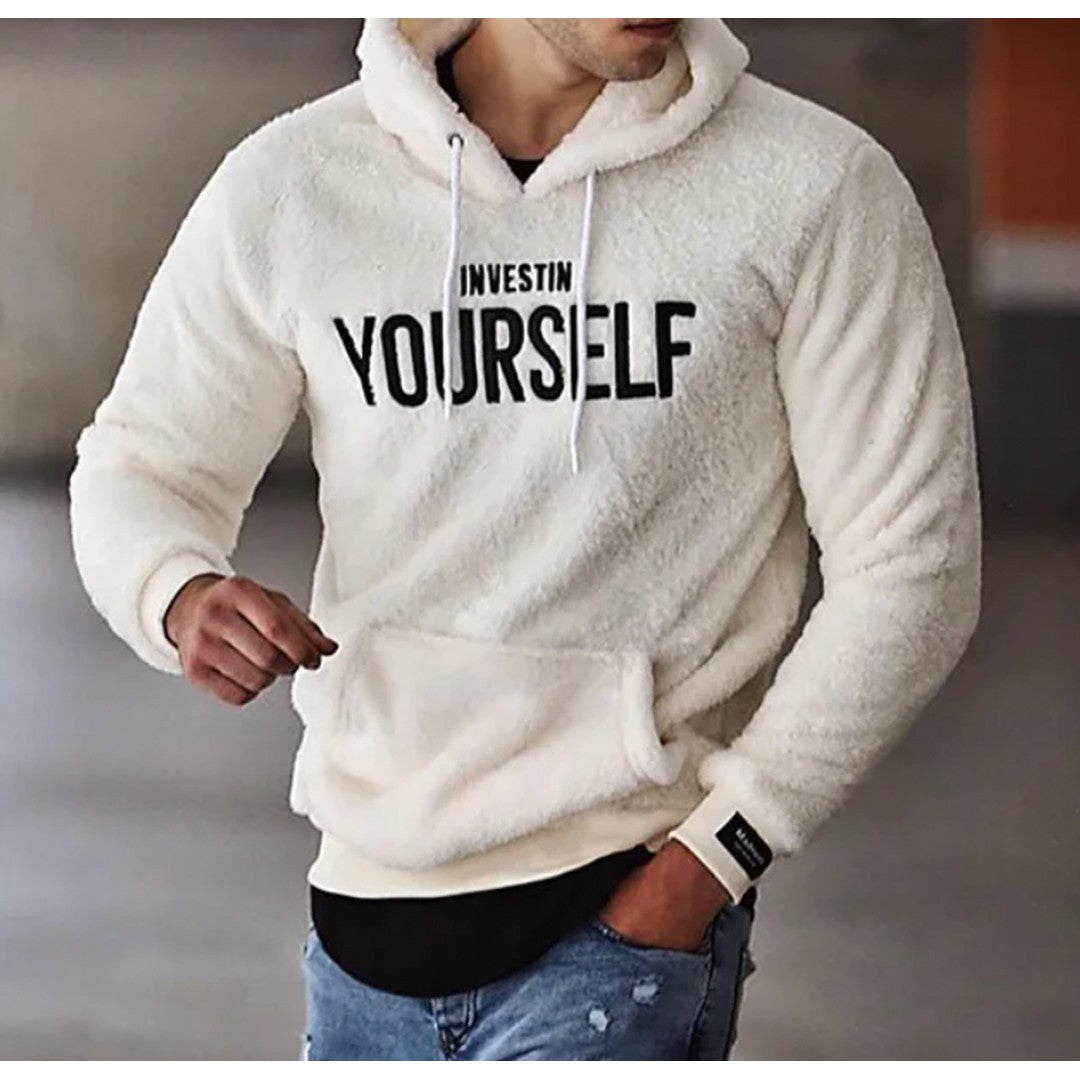 Man wearing the Nikolas men's hooded hoodie, side view