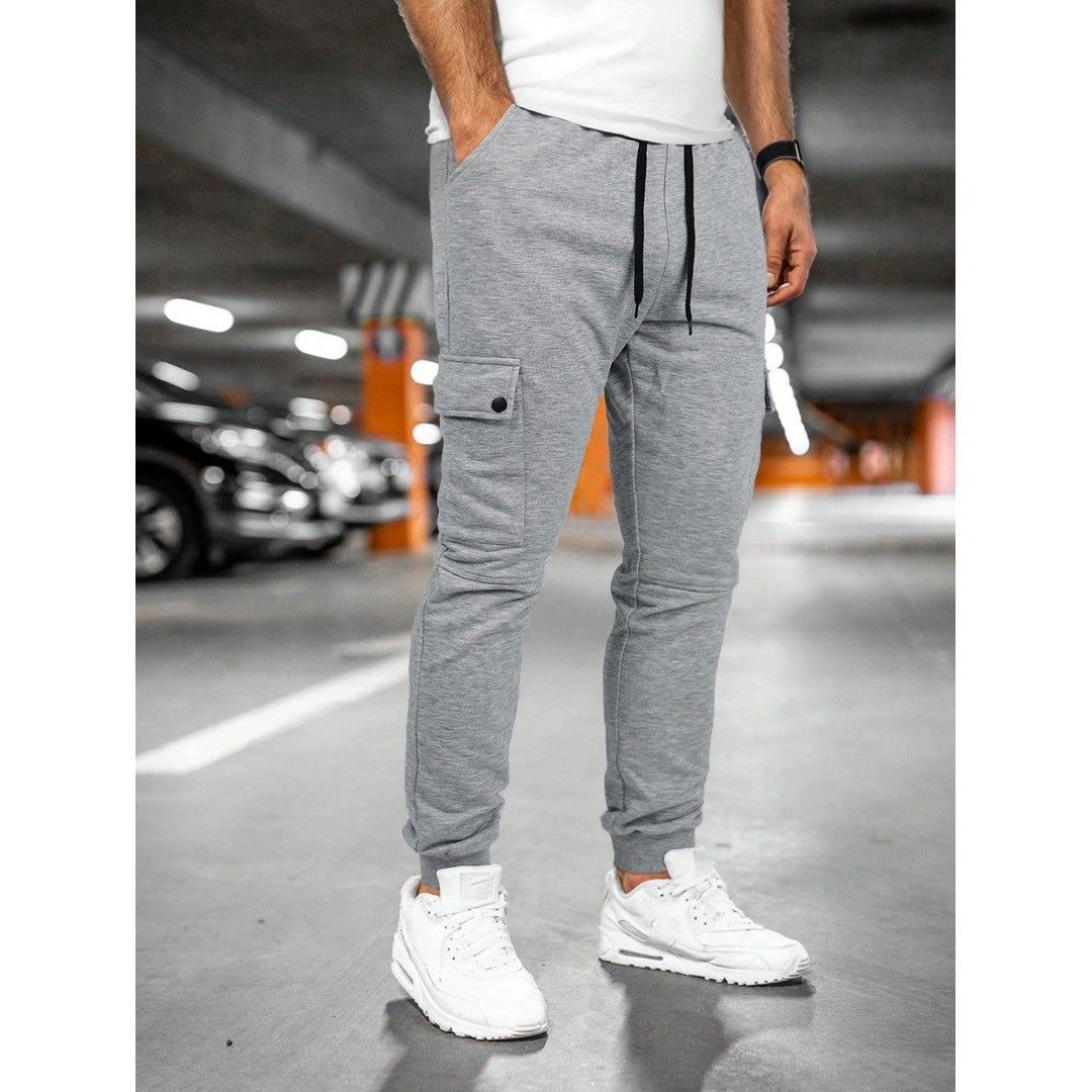 Man wearing the Nolan men's roll-up joggers, flatlay view