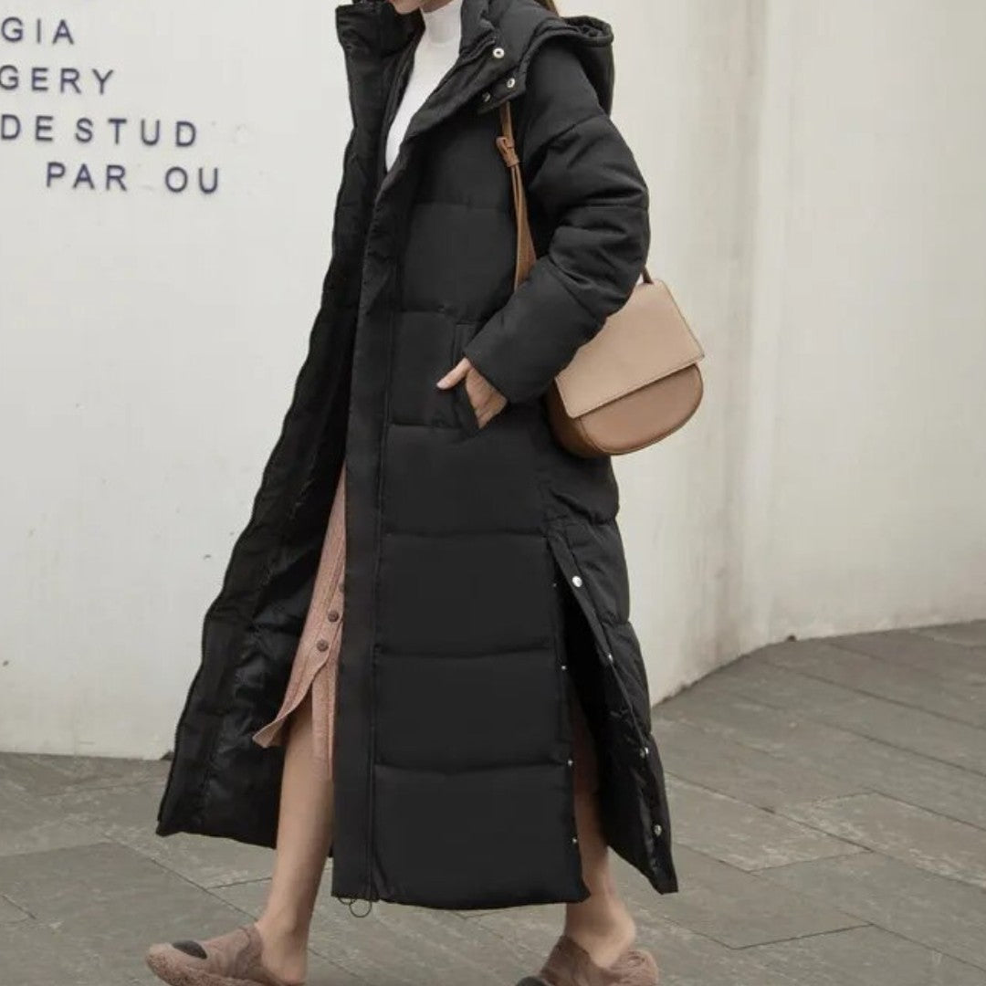 Woman wearing the Nora women's long-sleeve coat, side view
