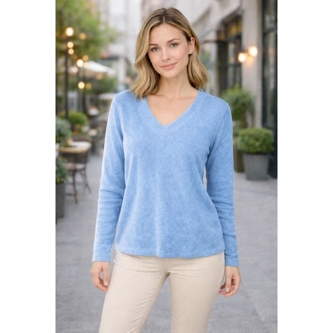 Woman wearing the Norah women's v-neck knit vintage sweater, 7 view