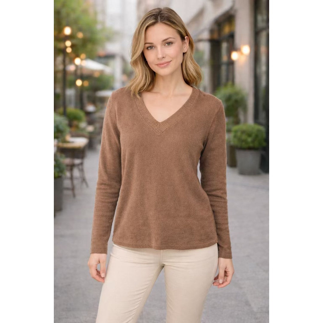 Woman wearing the Norah women's v-neck knit vintage sweater, detail view