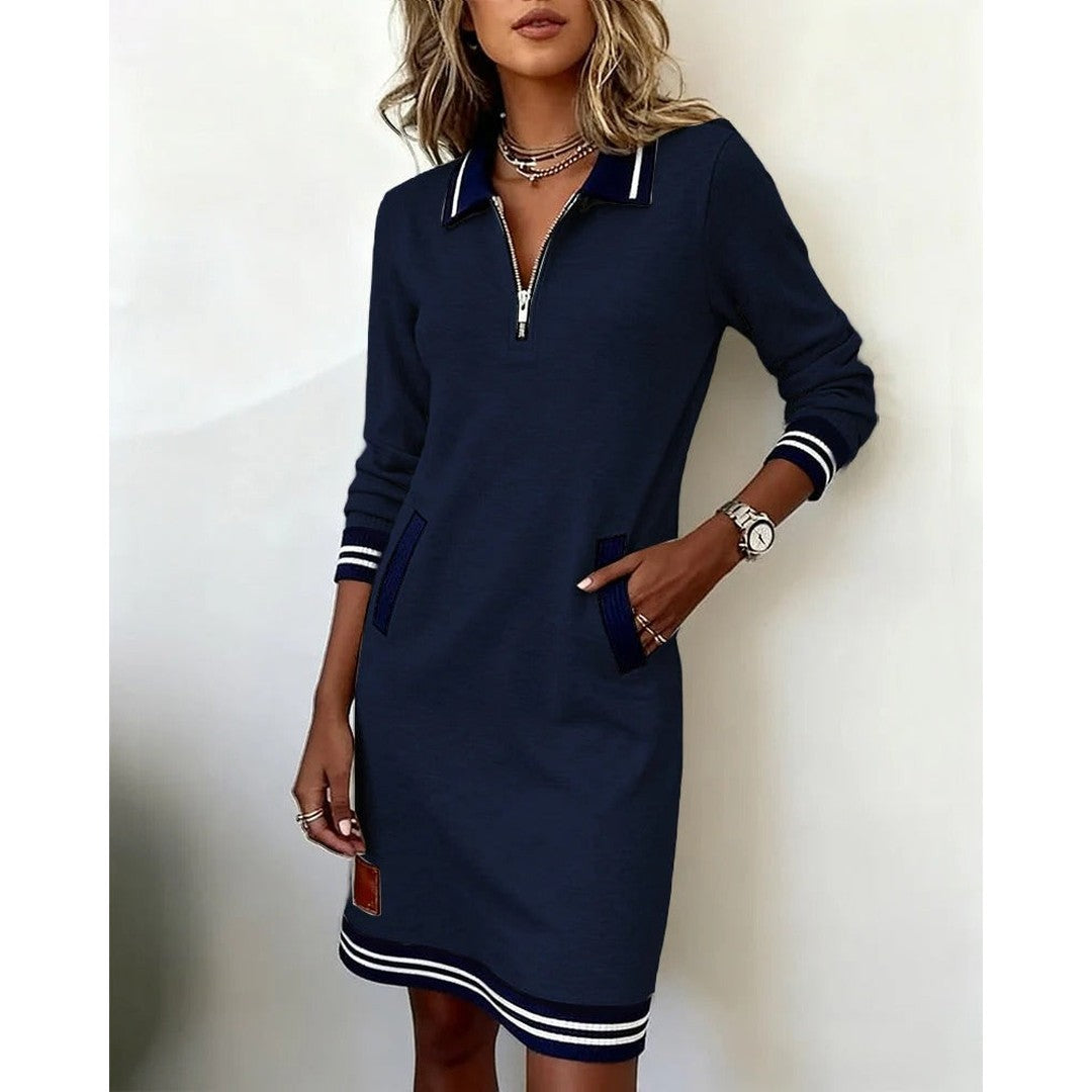 Woman wearing the Octavia women's chic dress, front view