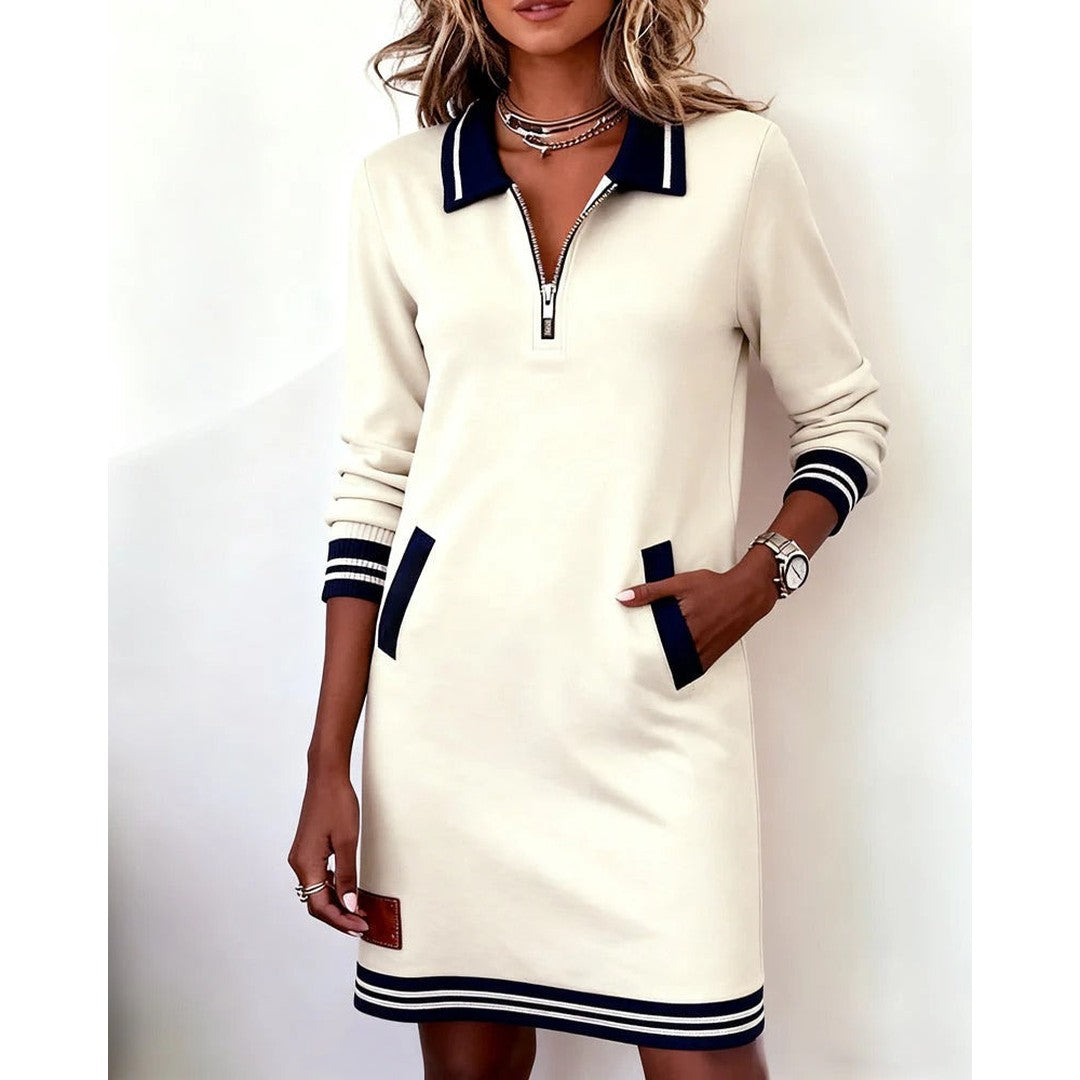 Woman wearing the Octavia women's chic dress, side view
