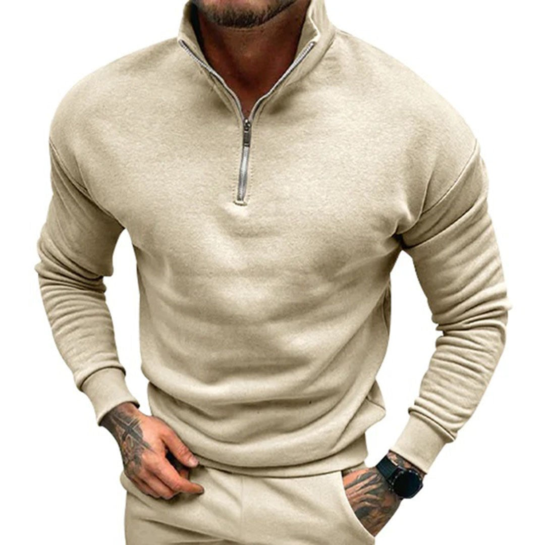 Man wearing the Octavian men's zip-up sweater, 12 view
