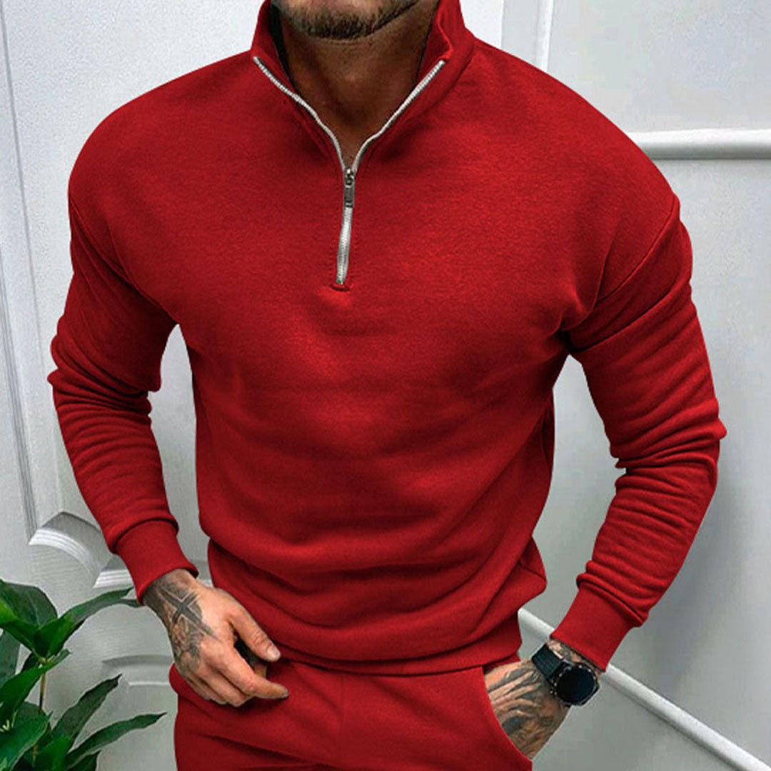 Man wearing the Octavian men's zip-up sweater, back view