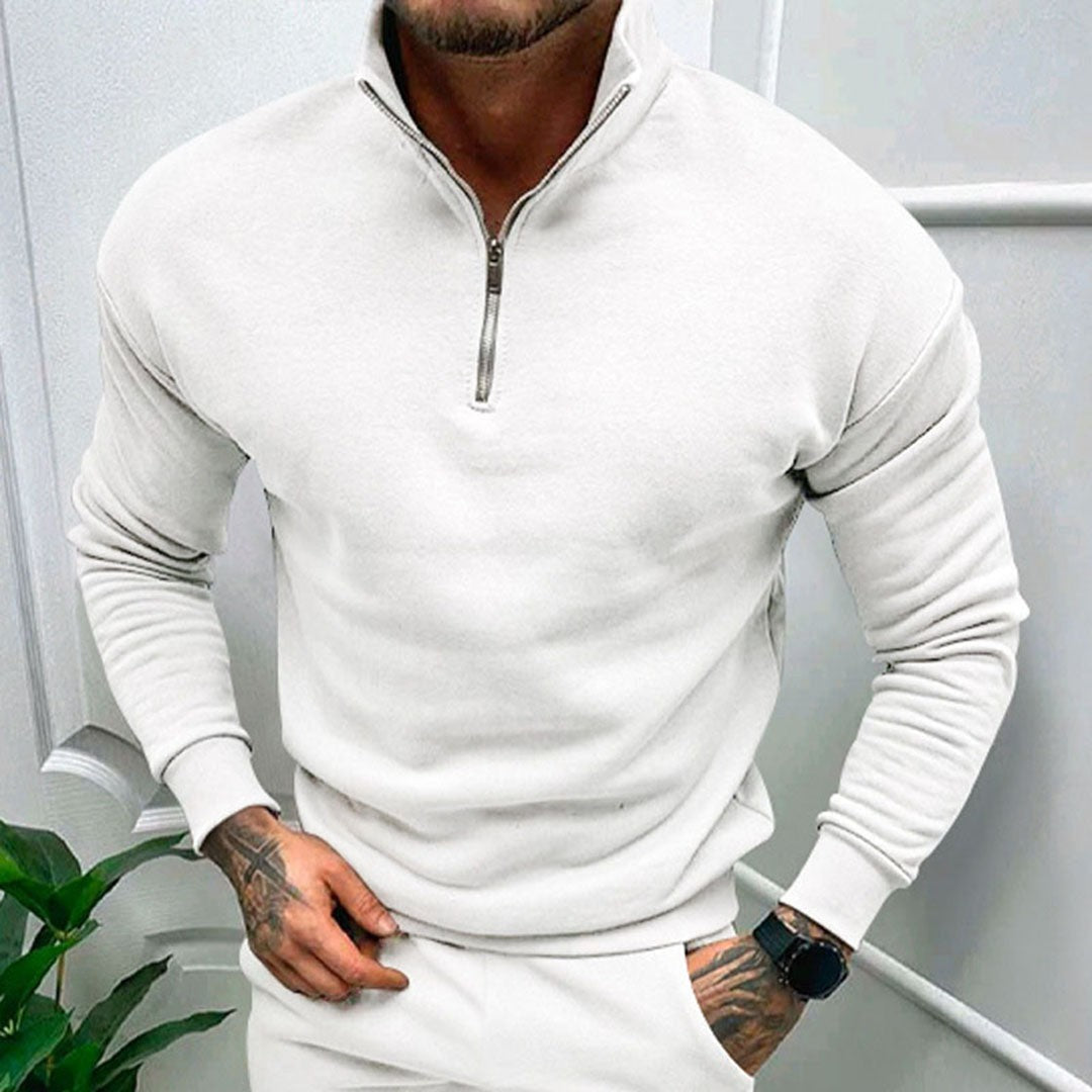 Man wearing the Octavian men's zip-up sweater, front view