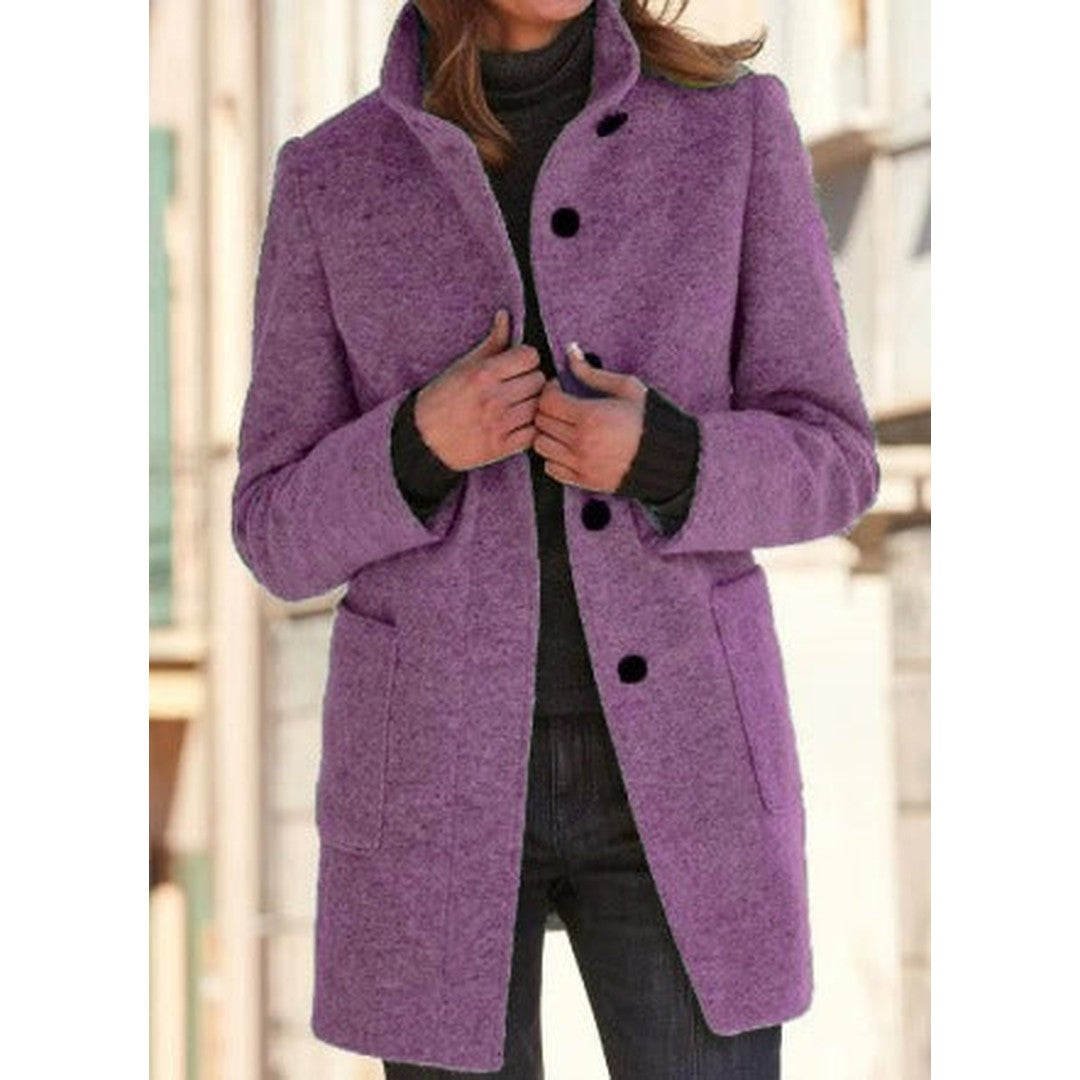 Woman wearing the Oona women's wool elegant coat, flatlay view
