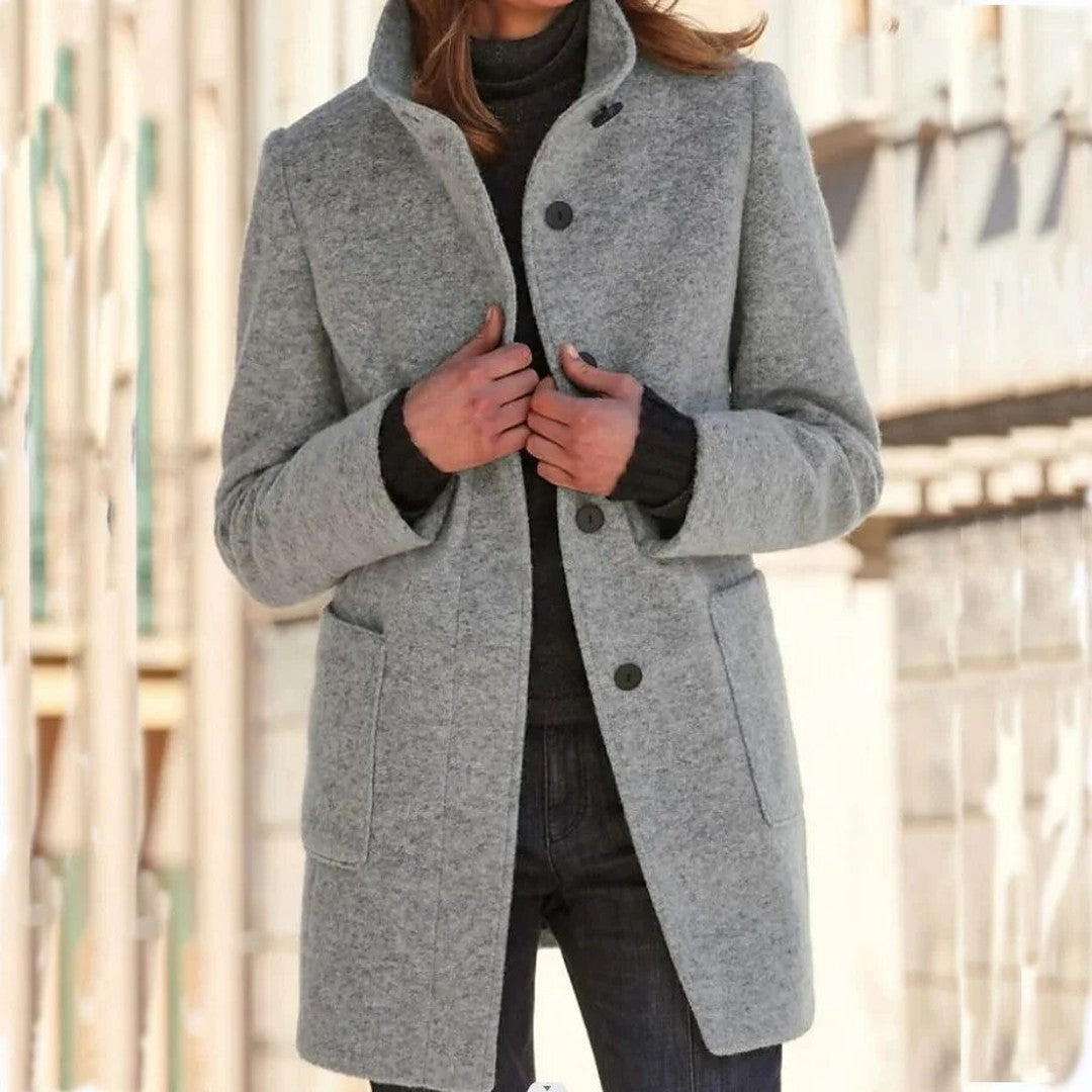 Woman wearing the Oona women's wool elegant coat, front view