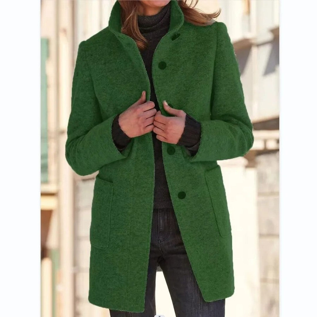 Woman wearing the Oona women's wool elegant coat, model view