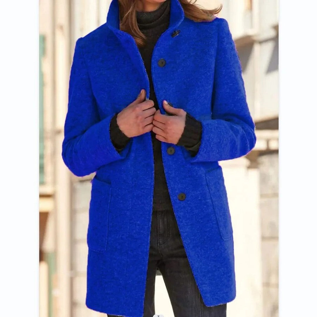 Woman wearing the Oona women's wool elegant coat, side view