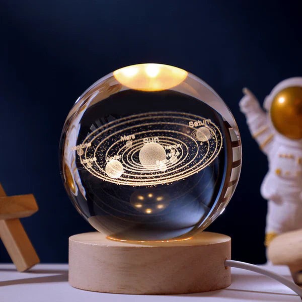 3D engraved glass galaxy sphere night light on a wooden base - product photo 2
