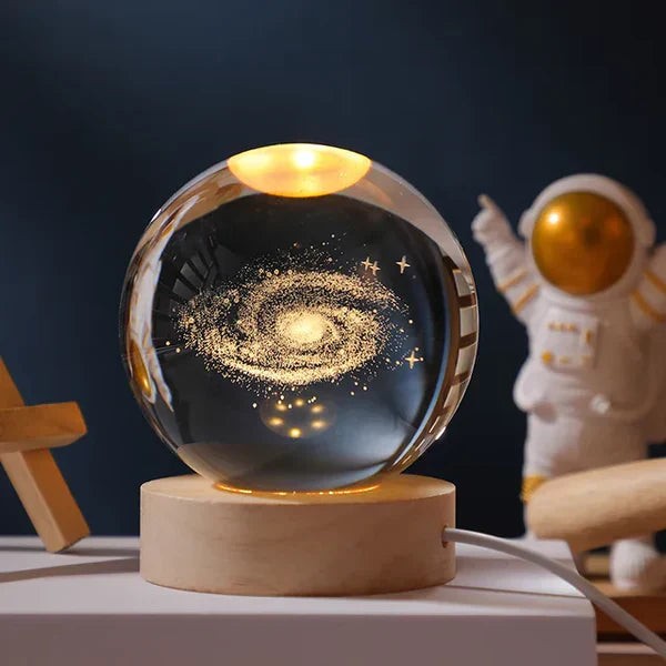 3D engraved glass galaxy sphere night light on a wooden base - product photo 3