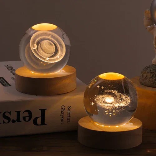 3D engraved glass galaxy sphere night light on a wooden base - product photo 4