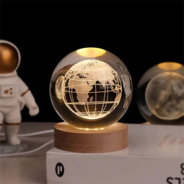 3D engraved glass galaxy sphere night light on a wooden base - product photo 5