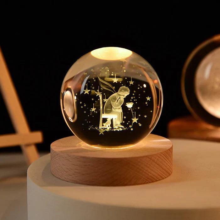 3D engraved glass galaxy sphere night light on a wooden base - product photo 9