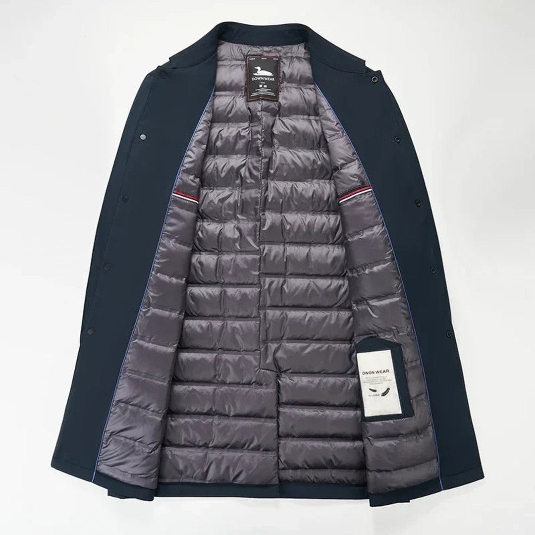 Man wearing the Orion men's button-up coat, detail view
