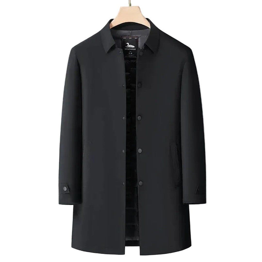 Man wearing the Orion men's button-up coat, side view