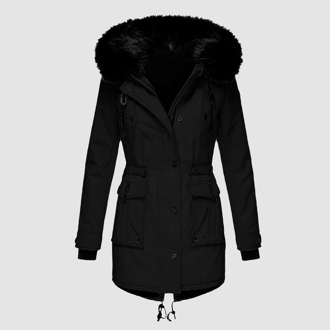 Woman wearing the Orla women's coat, back view
