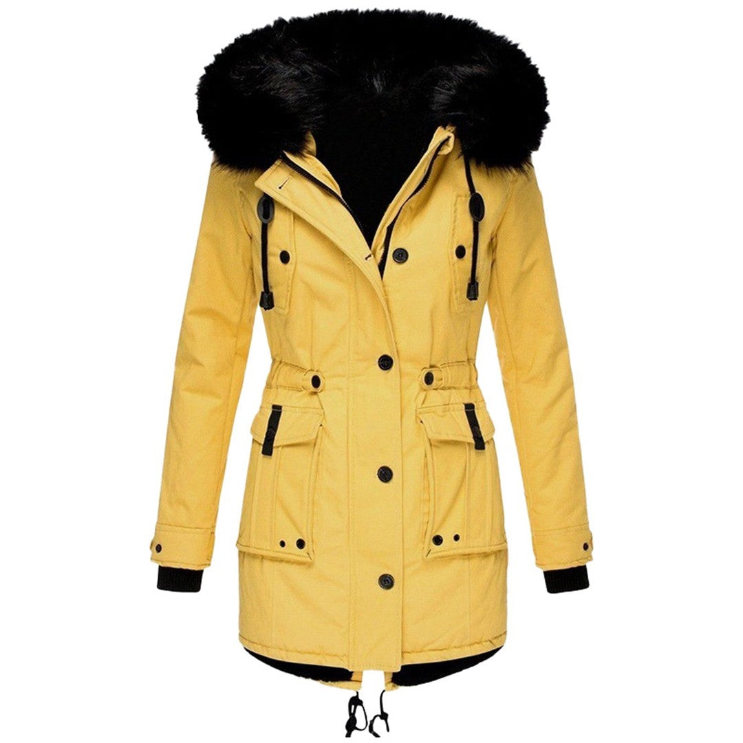 Woman wearing the Orla women's coat, flatlay view