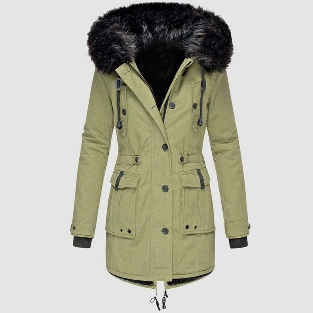 Woman wearing the Orla women's coat, side view