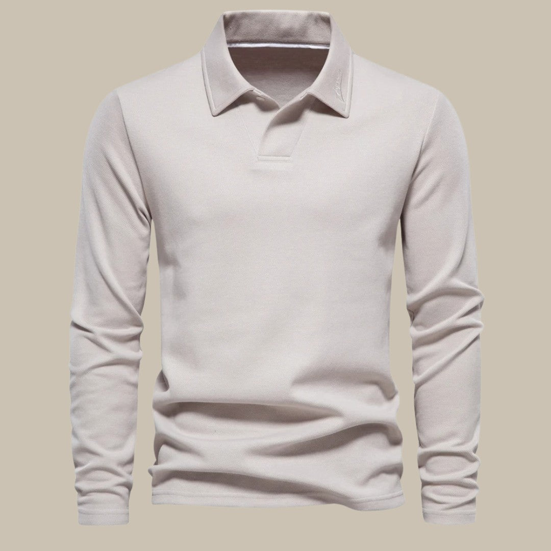 Man wearing the Oscar men's classic long-sleeve polo shirt, front view