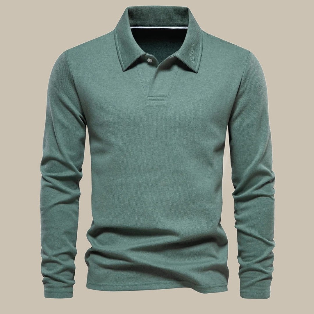 Man wearing the Oscar men's classic long-sleeve polo shirt, side view