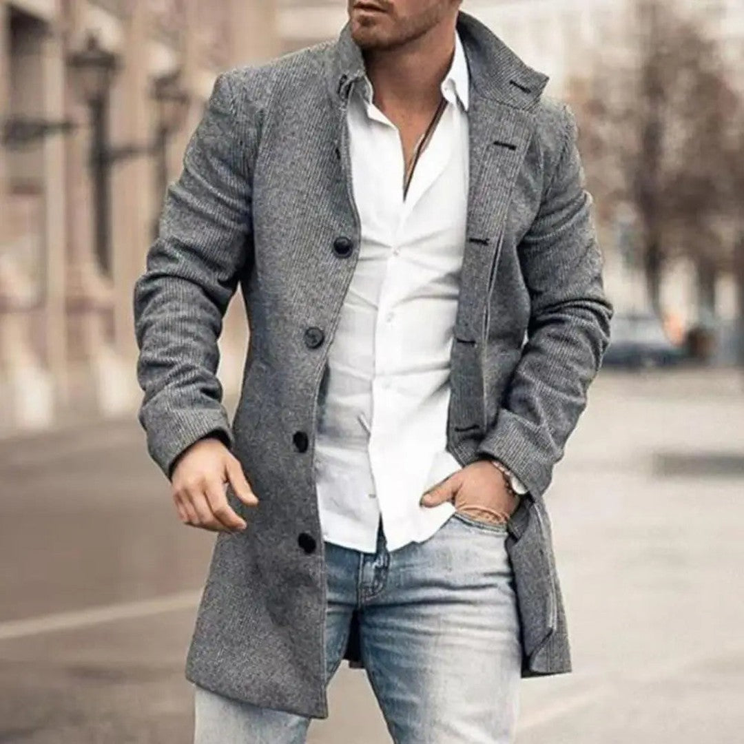 Man wearing the Osric men's classic coat, side view