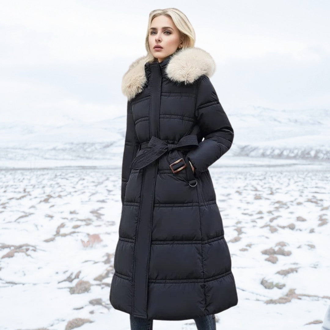 Woman wearing the Ottilia women's coat, flatlay view