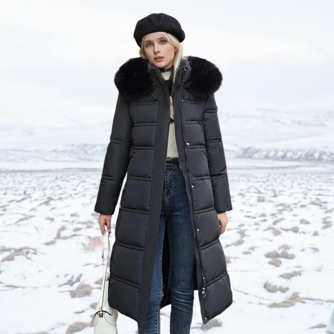Woman wearing the Ottilia women's coat, side view