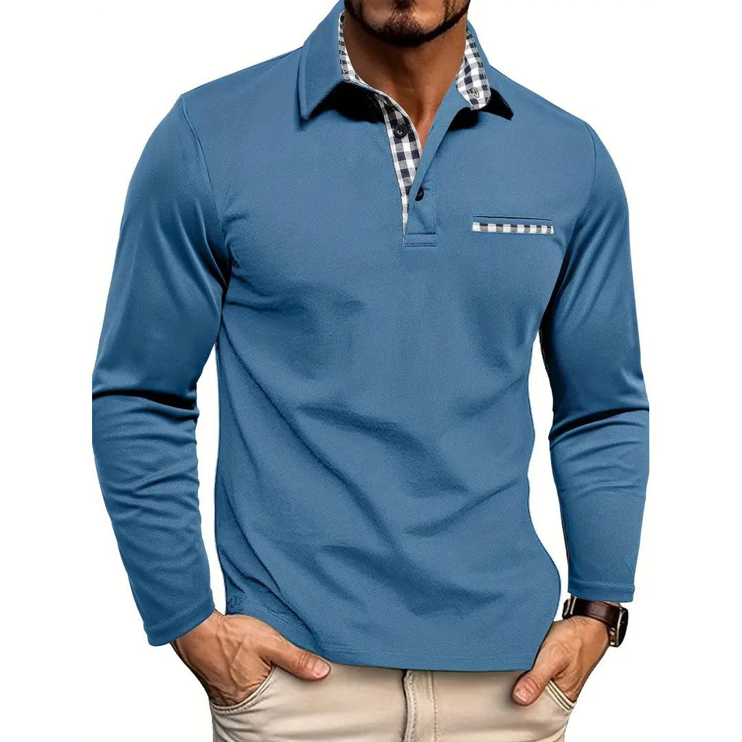 Man wearing the Otto men's casual cotton long-sleeve polo shirt, detail view