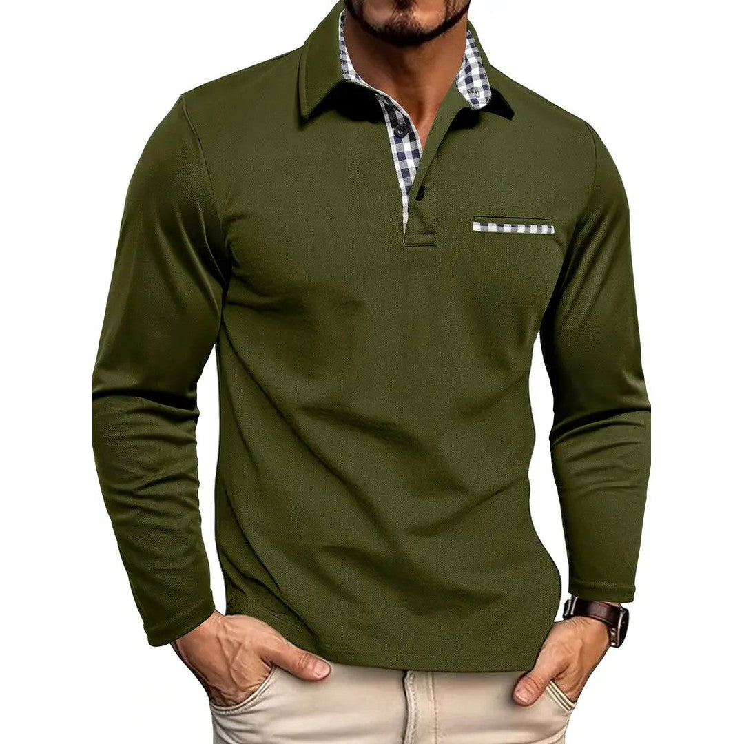 Man wearing the Otto men's casual cotton long-sleeve polo shirt, side view