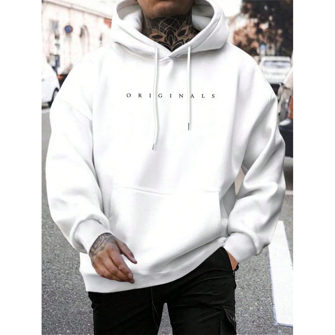 Man wearing the Owen men's hooded cotton graphic print sweatshirt, back view